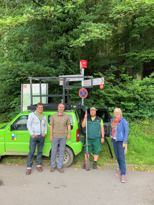 Jens Eichner, Geschäftsführer Naturpark Bergisches Land,  Julian Bruhn, stellvertretender Geschäftsführer Naturpark Spessart, Andreas Kurze  Radwegemanagement und Hilke Fedderson, Geschäftsführerin Naturpark Lüneburger Heide (Bild: Inga Dohmann) 