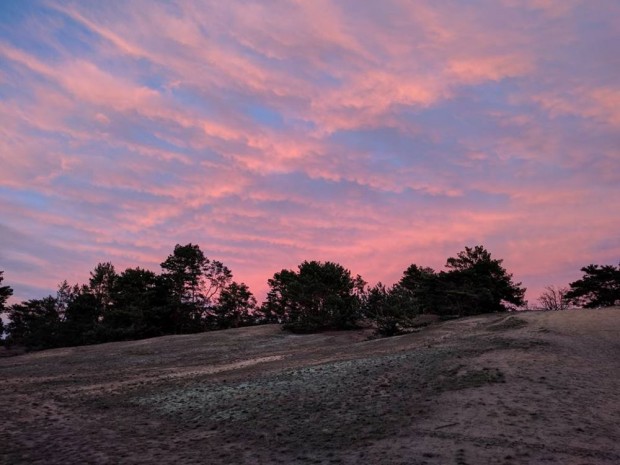 Die abendliche Dunkelheit kommt Ende November zeitig und schnell. Die untergehende Sonne taucht den Himmel über der Binnendüne in ein Lichterspiel. (© Hans Sonnenberg)