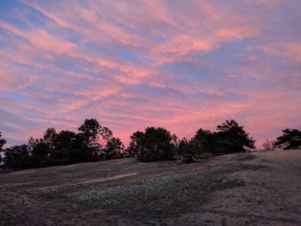 Die abendliche Dunkelheit kommt Ende November zeitig und schnell. Die untergehende Sonne taucht den Himmel über der Binnendüne in ein Lichterspiel. (© Hans Sonnenberg) 