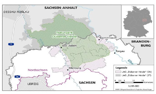 Im südlichen Teil des Naturparks (grau schraffiert) befindet sich die LAG Dübener Heide Sachsen