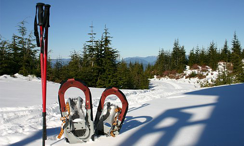 Mit Schneeschuhen erkundest Du auf großem Fuß die unberührte verschneite Winterlandschaft abseits der geräumten Wege.