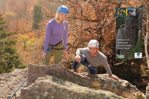 Mit Leichtigkeit den Felsen mit Schwierigkeitsgrad 6 hinauf: Sabine Bauer und Alexander Scherer vom AKN Nordschwarzwald. (Foto: Dangel/Naturpark)