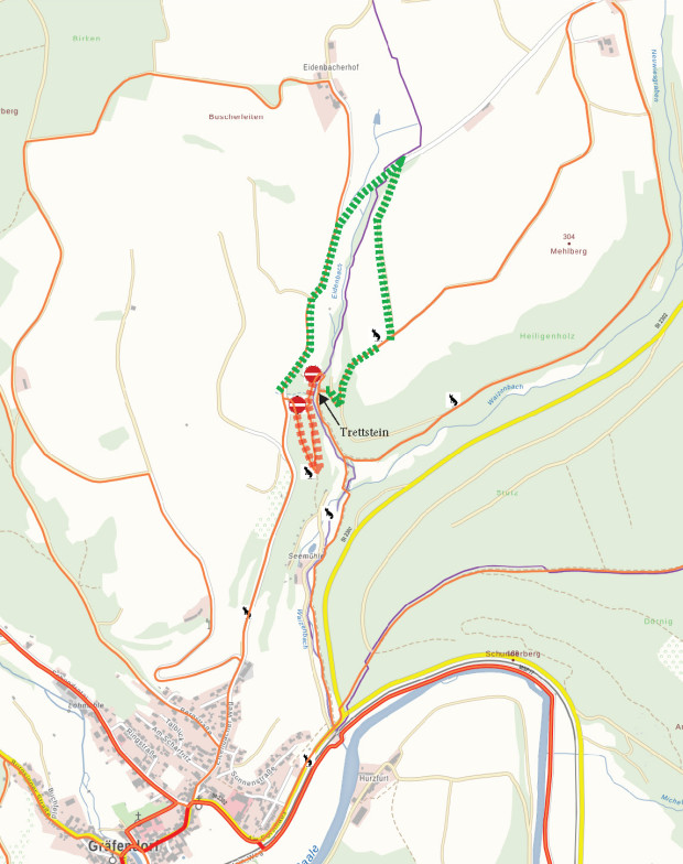 Wanderwegeumleitung am Trettstein  (Quelle: Bayernatlas)