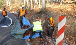 Mit Hilfe von Planen wird das Laub aus den Tunneln entfernt und weggetragen.