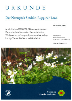 Urkunde EUROPARC Naturpark wurde Mitglied bei EUROPARC Deutschland