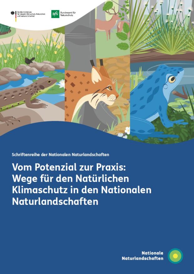 Titelbild der Publikation „Vom Potenzial zur Praxis. Wege für den Natürlichen Klimaschutz in den Nationalen Naturlandschaften“