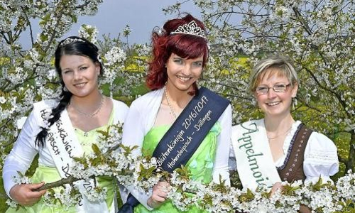 Die neue Blütenkönigin Anja Obenaus (21) mit ihrer Vorgängerin Elisabeth Assel (30, l.) und Äppelmoid Jana Reichel (36, r.) Trio 2 Anja Obenaus